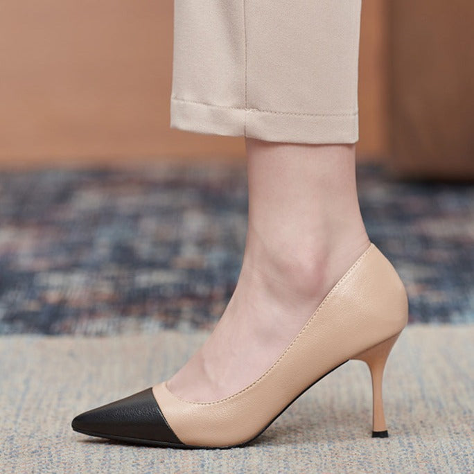 Beige Noir Pointed Pumps 70mm