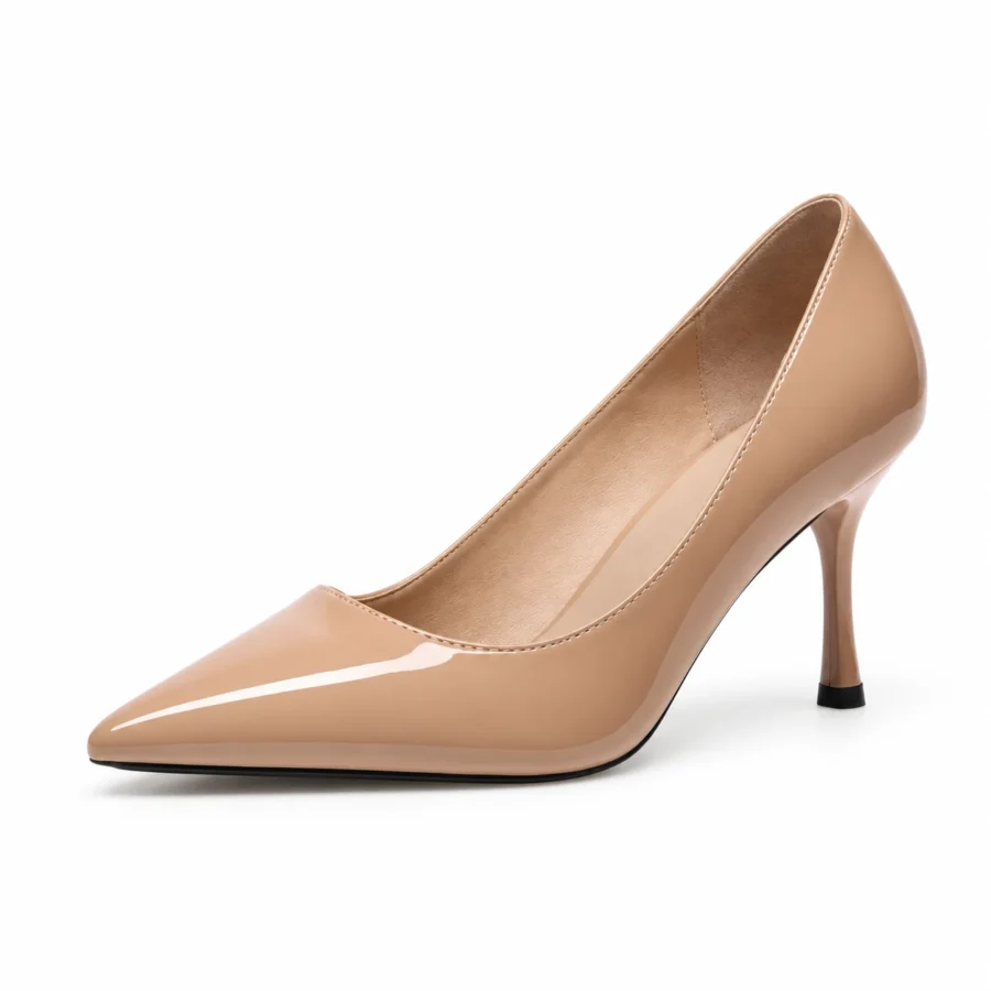 Beige pink patent pointed heels for women in US size 4 on a white background