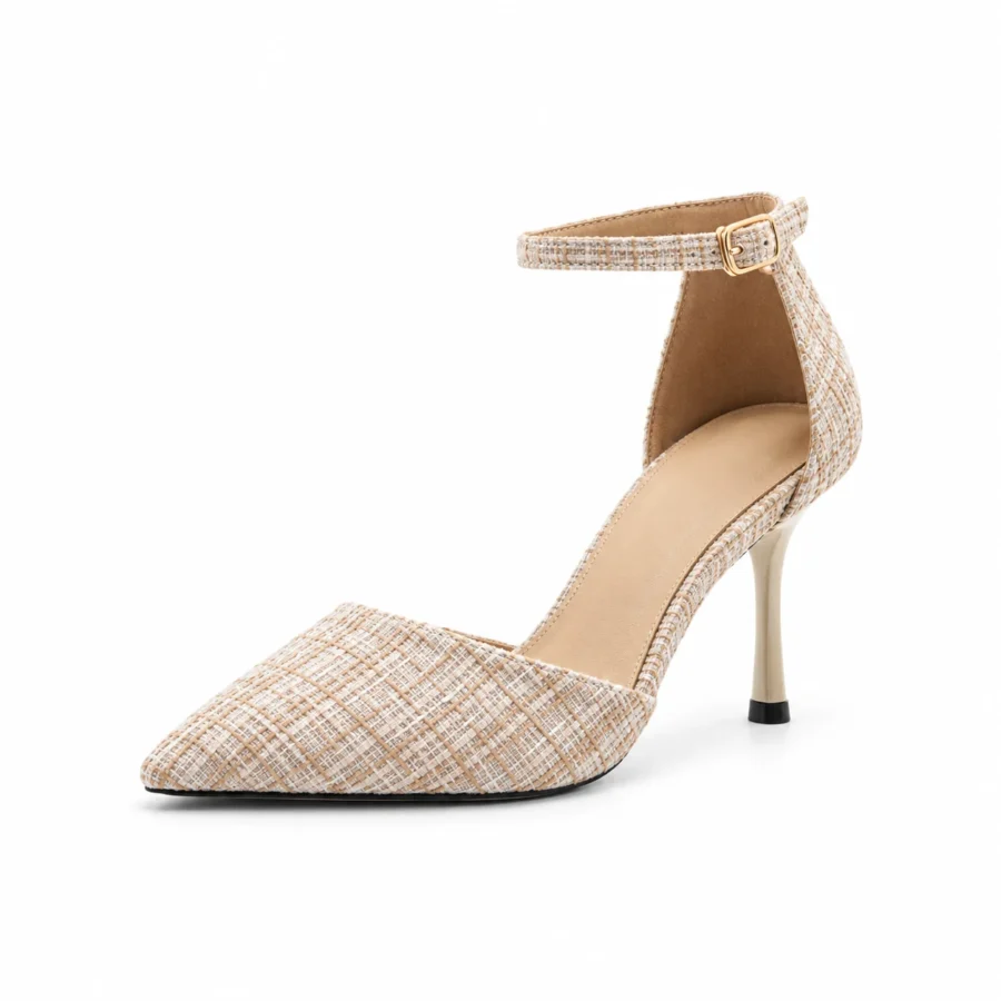 Beige tweed pointed ankle-strap heels for women in US size 4 on a white background