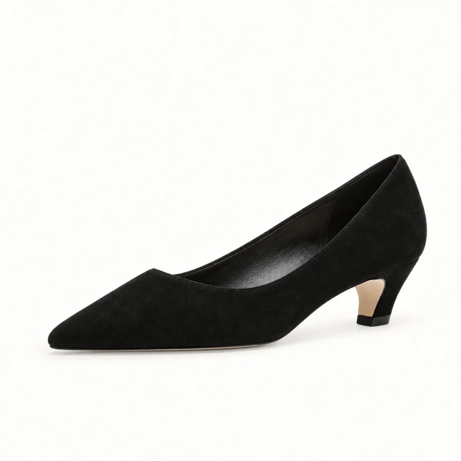 Black suede pointed-toe kitten heel pumps for women in US size 4 on a white background
