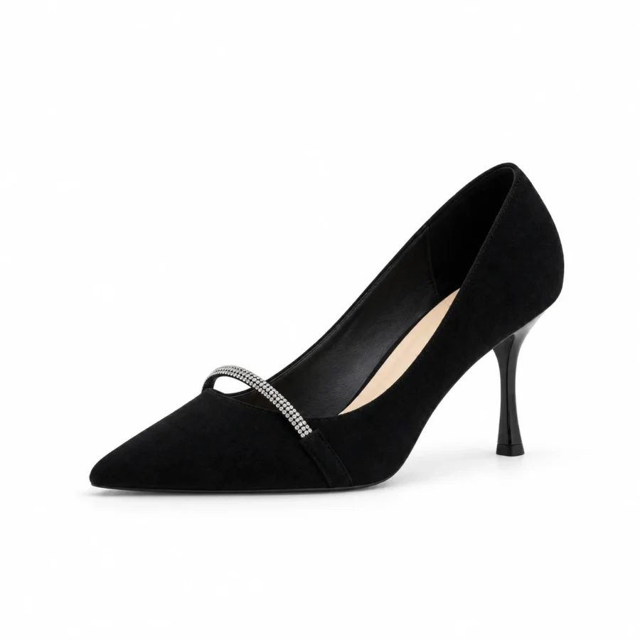 Black suede pointed-toe rhinestone heels for women in US size 4 on a white background