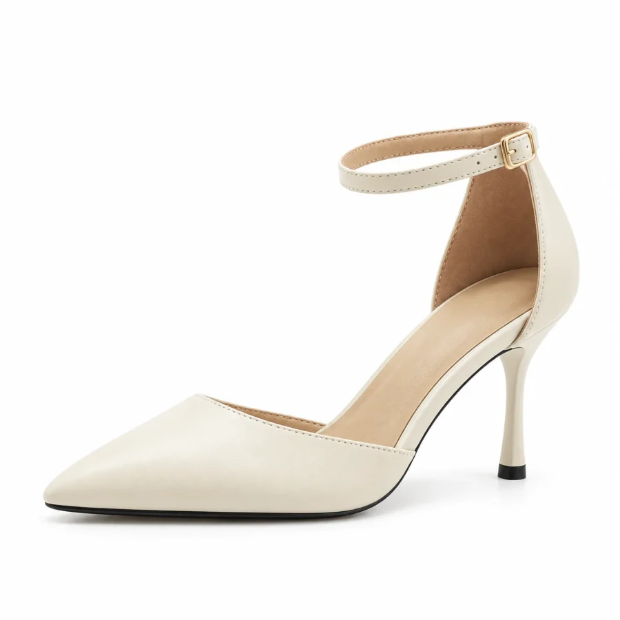 Ivory leather pointed ankle-strap heels for women in US size 4 on a white background