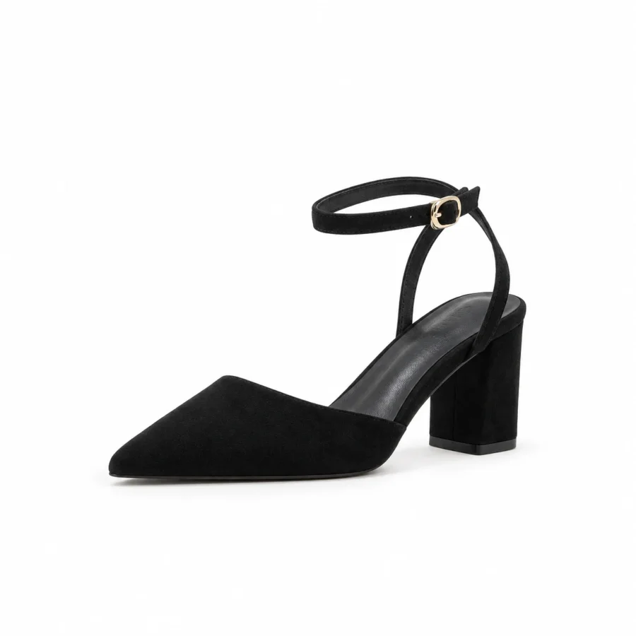 Black suede pointed-toe block heel shoes for women in US size 4 on a white background