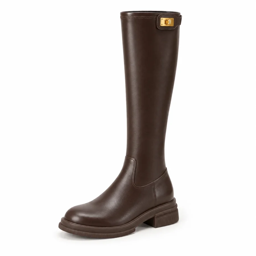 Brown leather knee-high boots for women in US size 4 on a white background