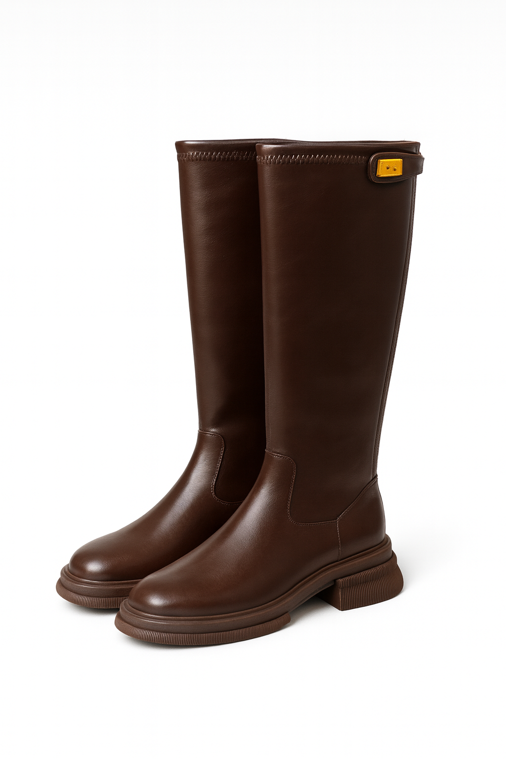 Brown tall leather boots with low heel side view