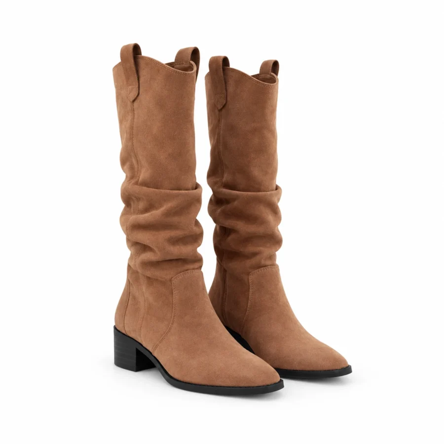 Brown suede slouch boots for women in US size 4 on a white background