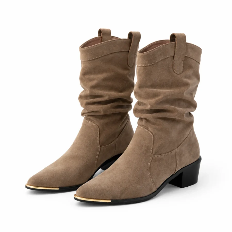 Taupe brown suede slouch short boots for women in US size 4 on a white background