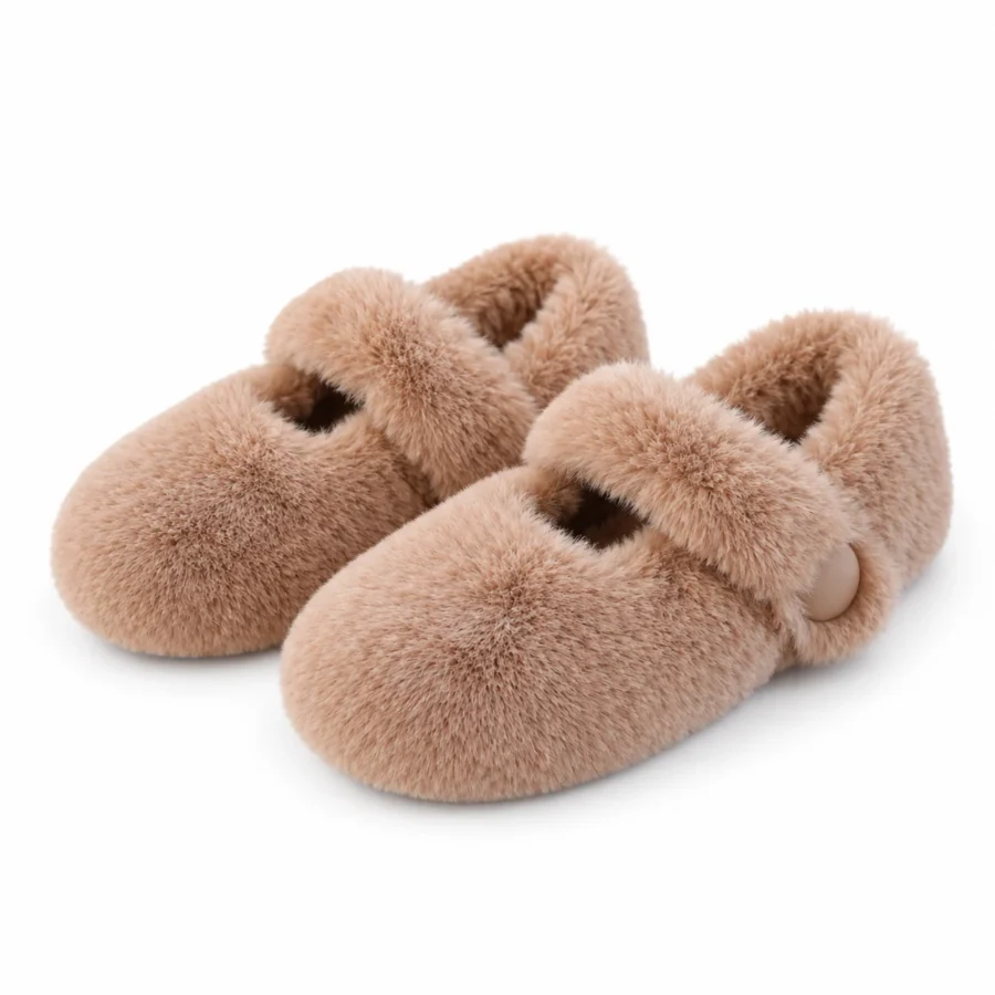 Camel plush Mary Jane flats for women in US size 4 on a white background