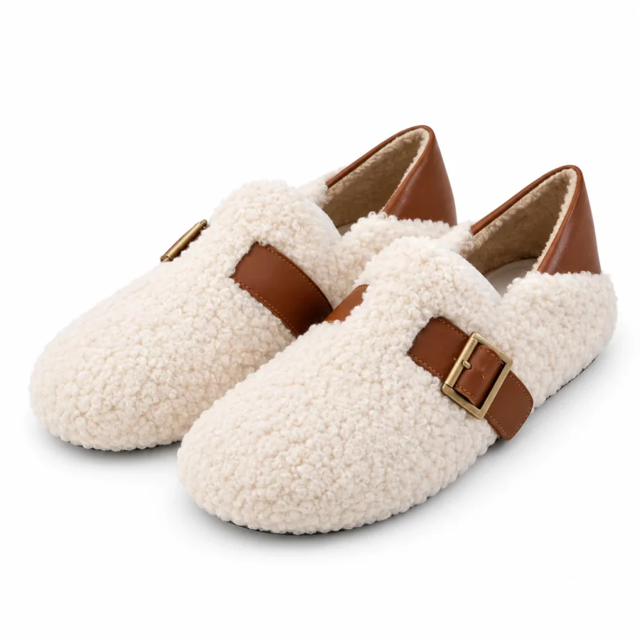Ivory shearling Mary Jane flats with brown leather buckles for women in US size 4